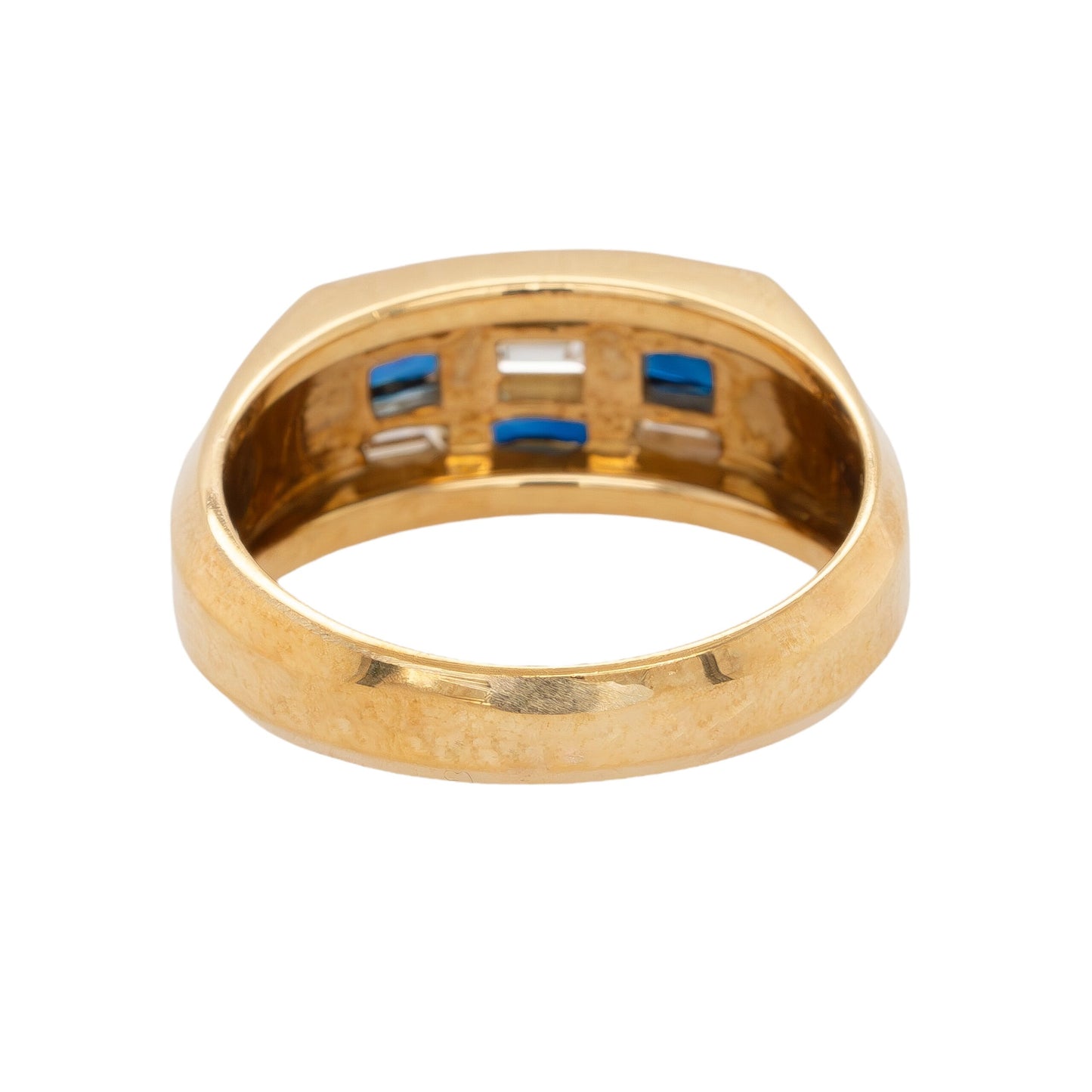 18k Yellow Gold Blue Sapphire and Baguette Diamond Men's Ring