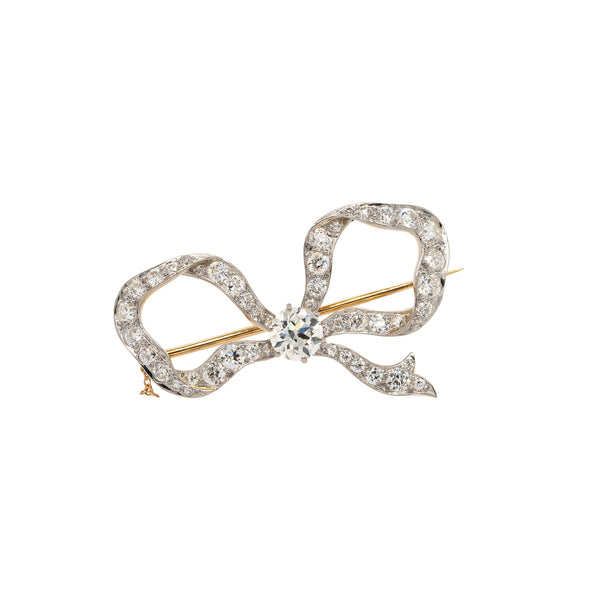Tiffany & Co. 18k Yellow Gold and Platinum 8ctw Natural Diamond Bow Brooch Pin