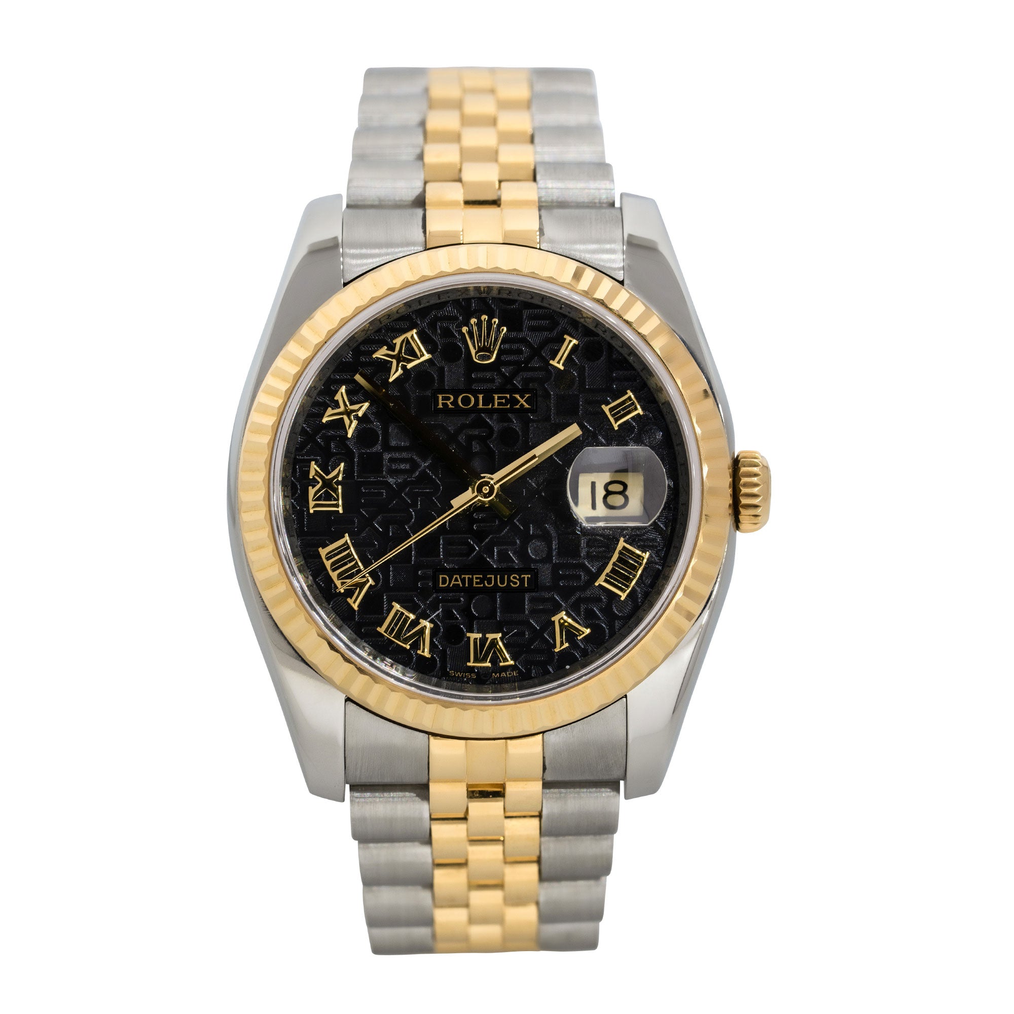 Rolex 116233 Datejust Two Tone Black "Rolex" Pyramid Dial Watch