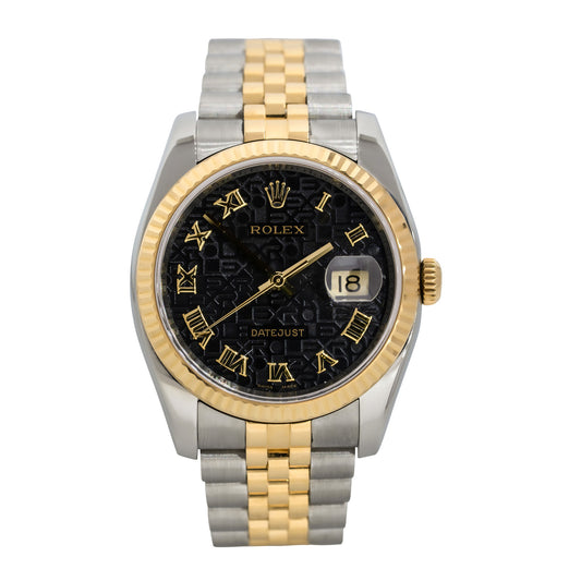 Rolex 116233 Datejust Two Tone Black "Rolex" Pyramid Dial Watch