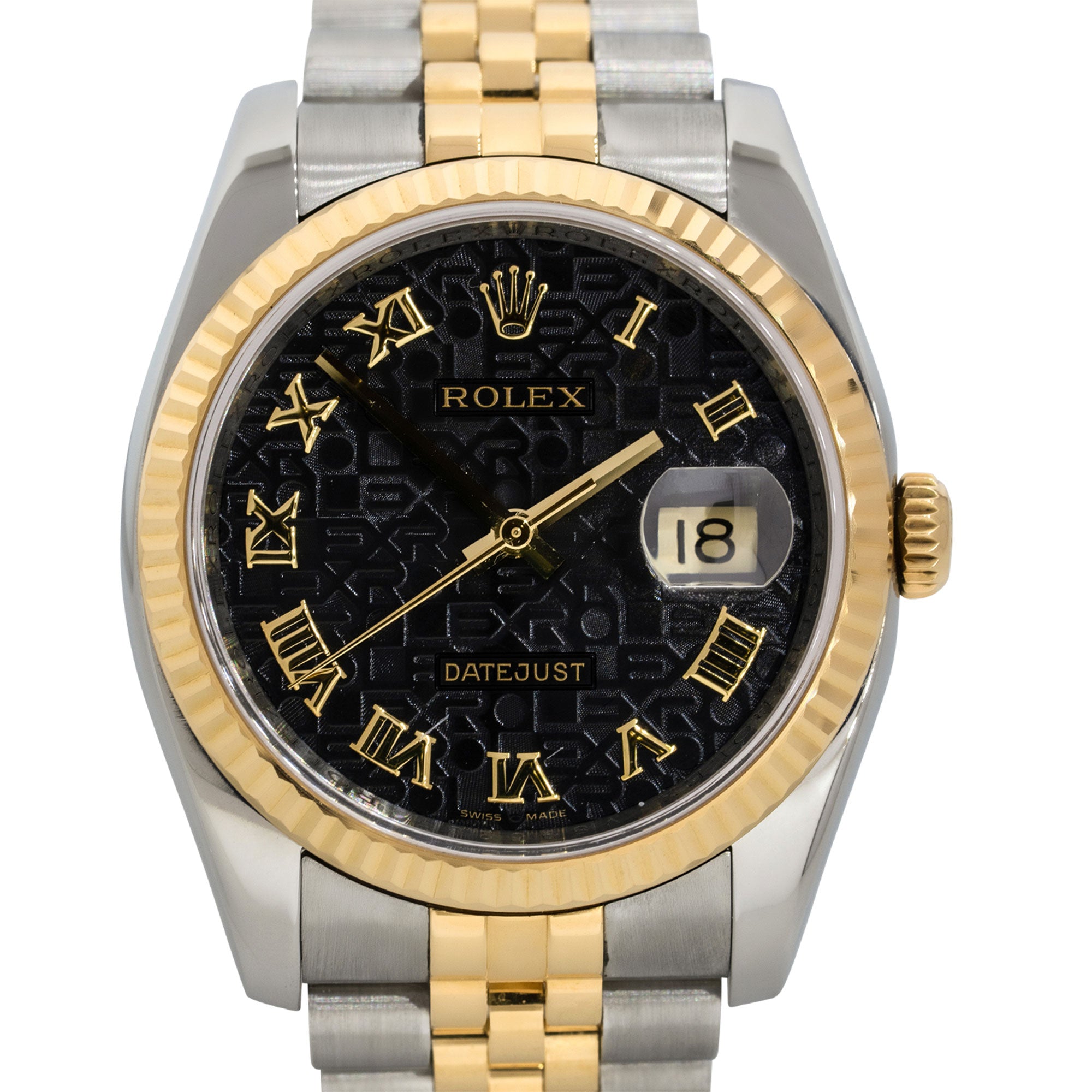 Rolex 116233 Datejust Two Tone Black "Rolex" Pyramid Dial Watch