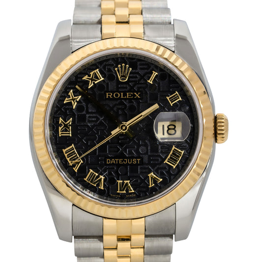 Rolex 116233 Datejust Two Tone Black "Rolex" Pyramid Dial Watch