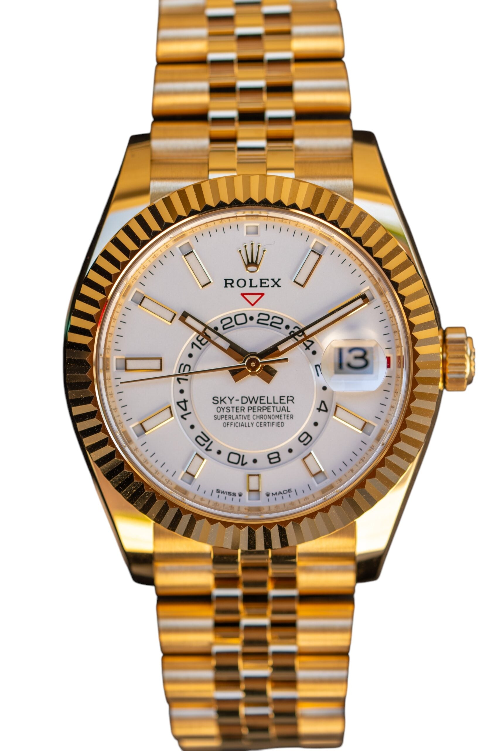 Rolex 336938 Sky-Dweller 18k Yellow Gold Fluted Bezel White Dial Watch