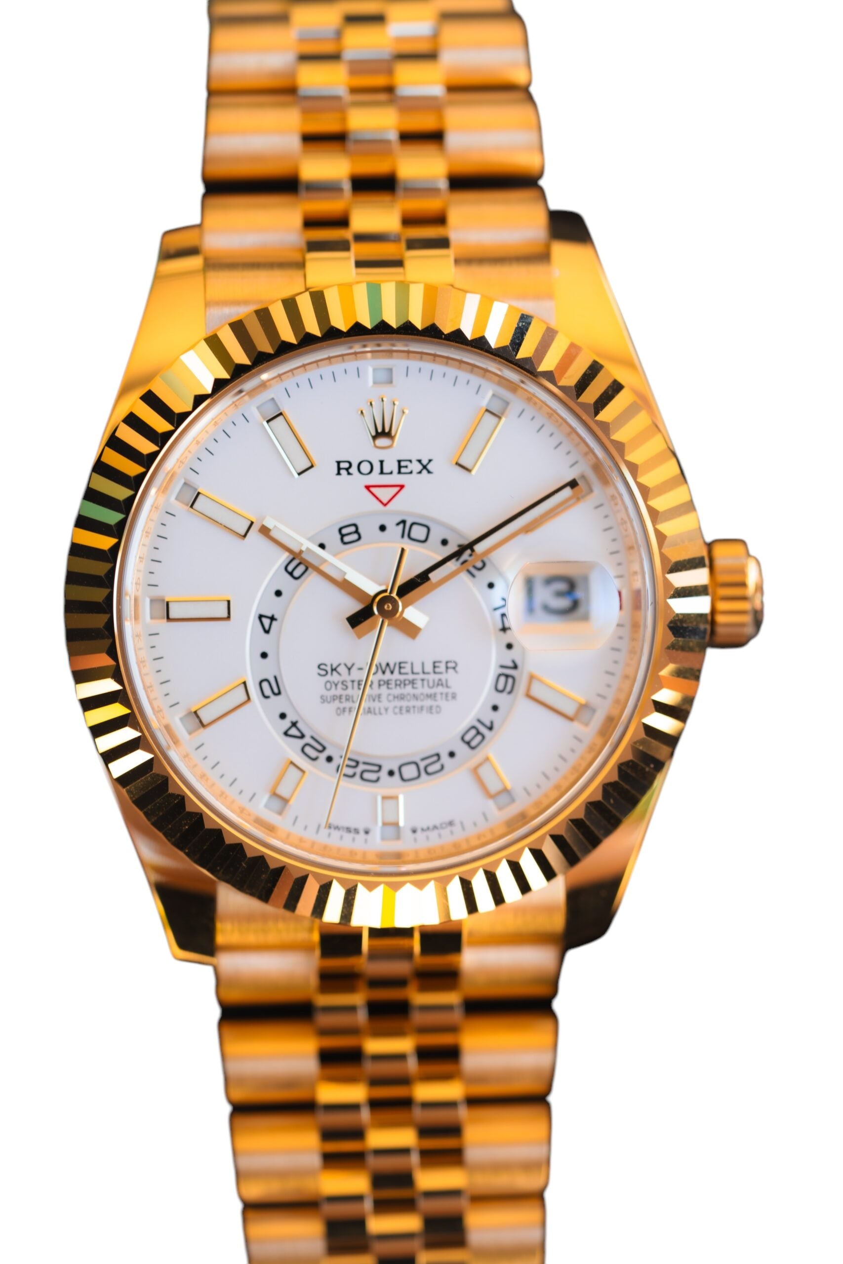 Rolex 336938 Sky-Dweller 18k Yellow Gold Fluted Bezel White Dial Watch