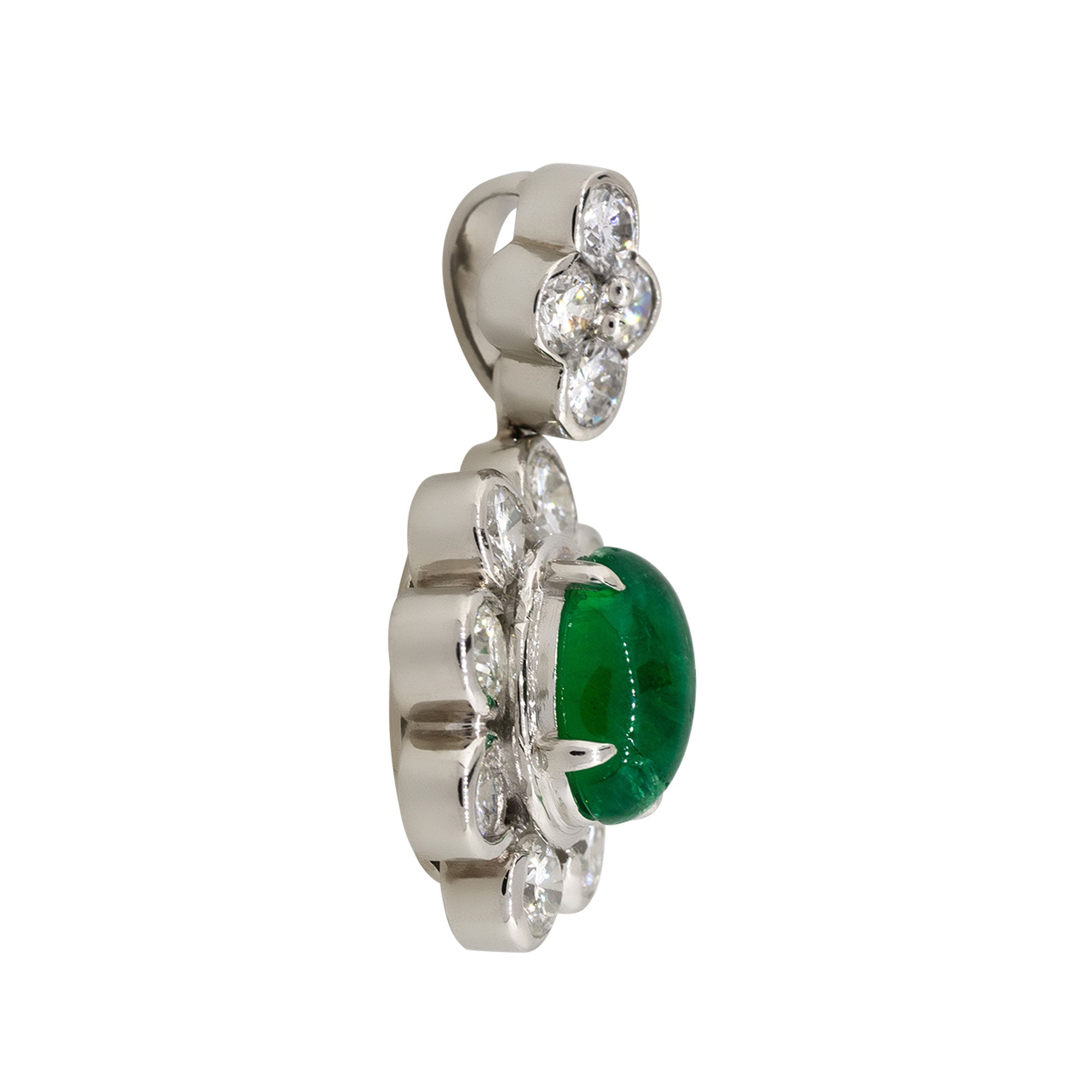 Platinum 1.14ct Emerald Cabochon Flower Pendant With Diamonds
