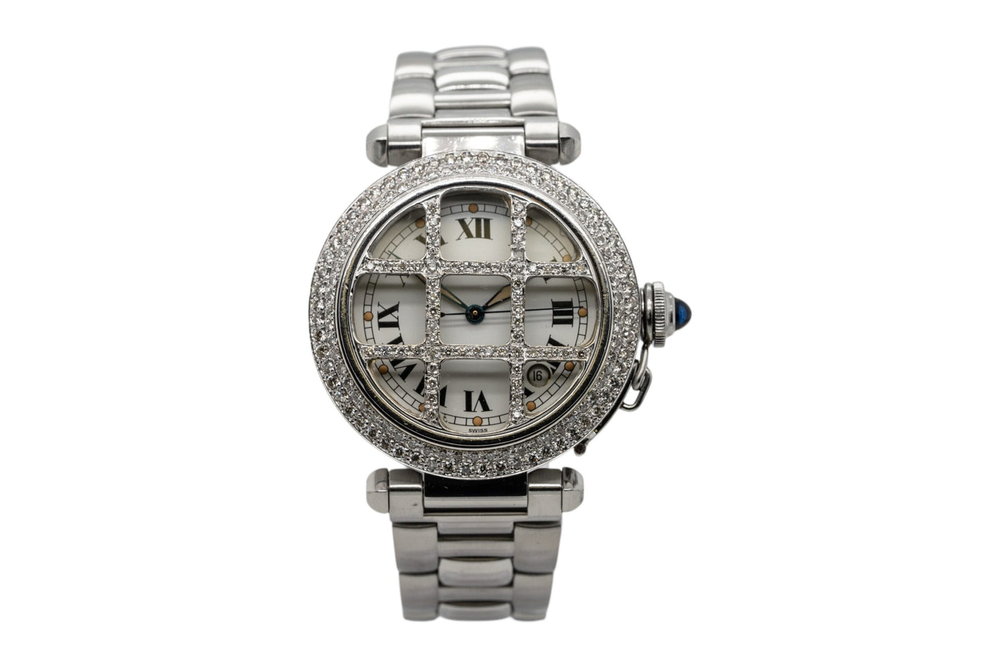 Cartier Pasha 38mm Stainless Steel Watch with Aftermarket Diamonds Roman Dial