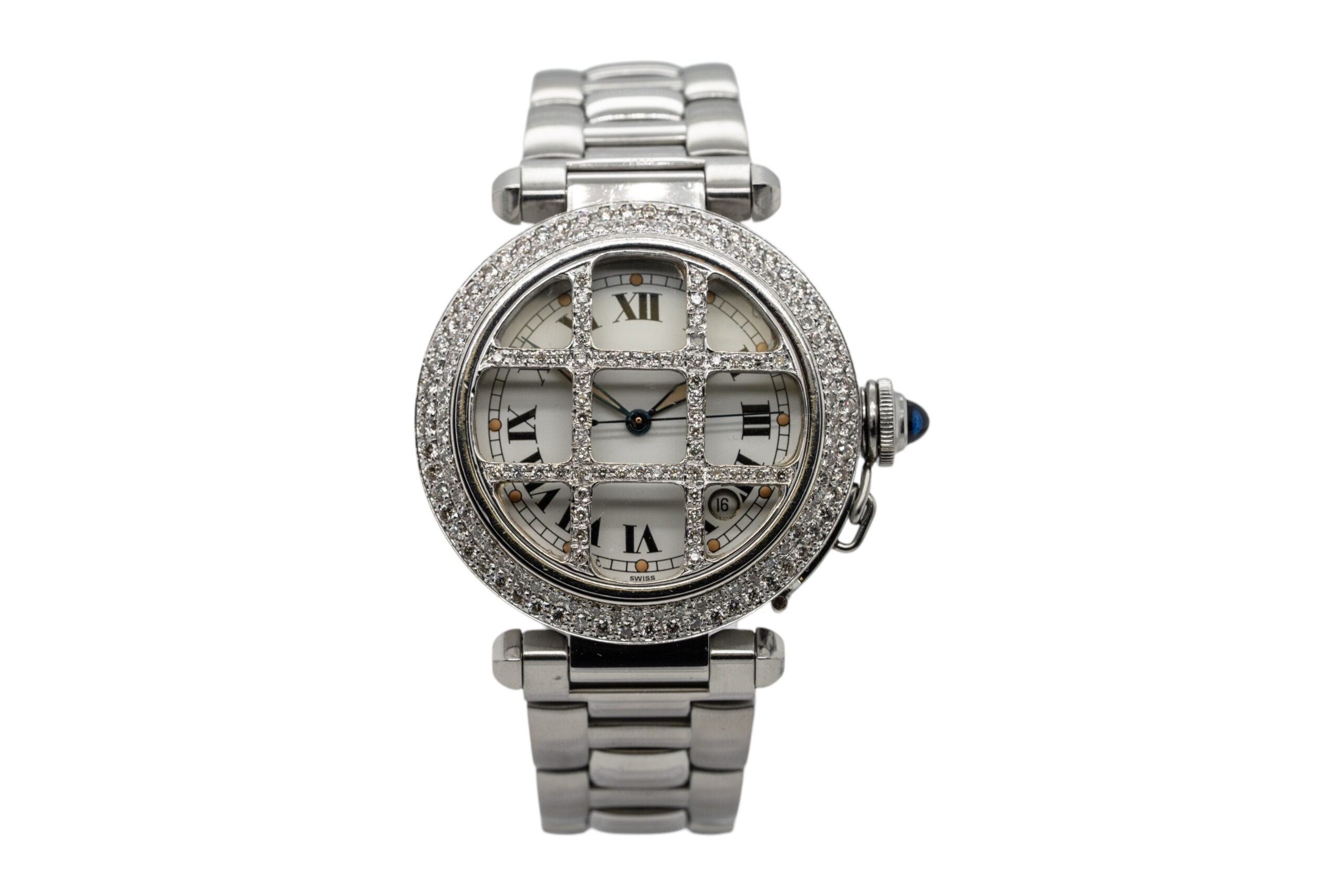 Cartier Pasha 38mm Stainless Steel Watch with Aftermarket Diamonds Roman Dial