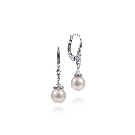 14K White Gold Pavé Diamond Pearl Drop Earrings — Gabriel & Co. EG12321W45PL