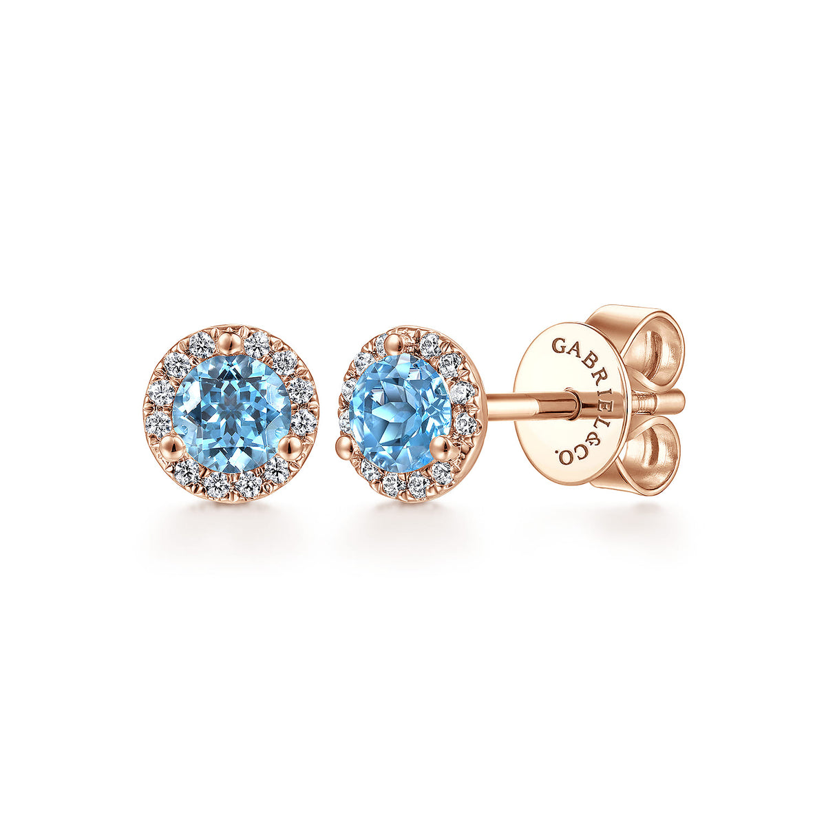 14k Rose Gold Round Cut Diamond Halo & Swiss Blue Topaz Stud Earrings — Gabriel & Co. EG12372K45BT
