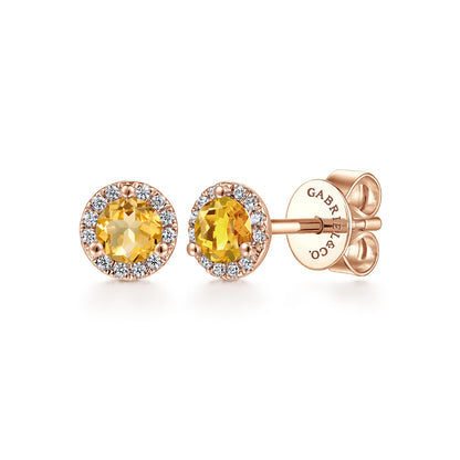14k Rose Gold Round Halo Citrine and Diamond Stud Earrings — Gabriel & Co. EG12372K45CT