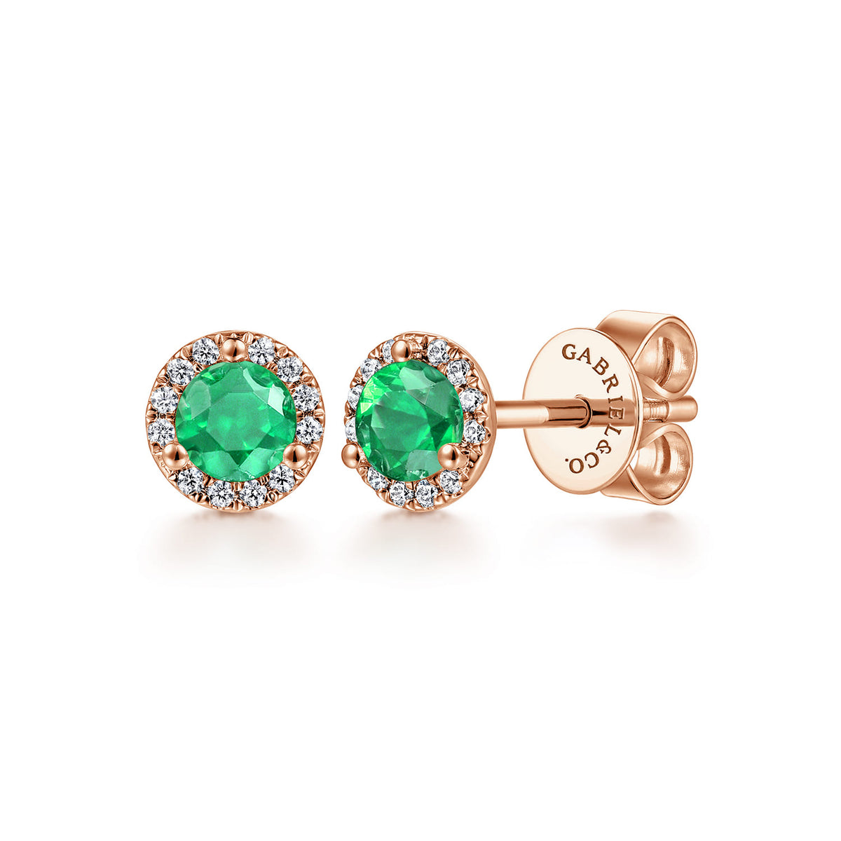14k Rose Gold Round Diamond Halo & Emerald Stud Earrings — Gabriel & Co. EG12372K45EA