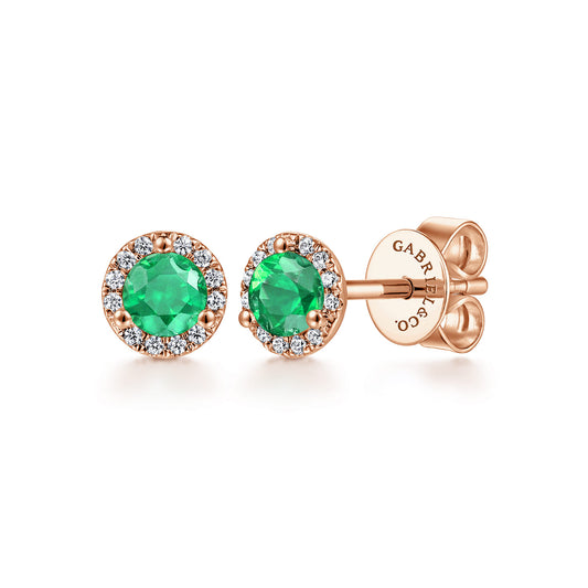 14k Rose Gold Round Diamond Halo & Emerald Stud Earrings — Gabriel & Co. EG12372K45EA