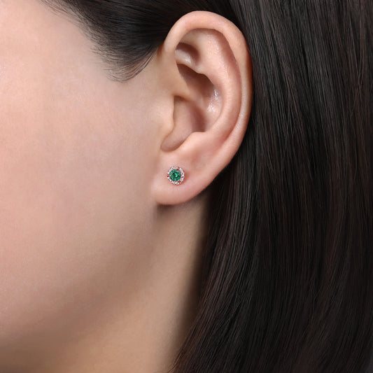 14k Rose Gold Round Diamond Halo & Emerald Stud Earrings — Gabriel & Co. EG12372K45EA