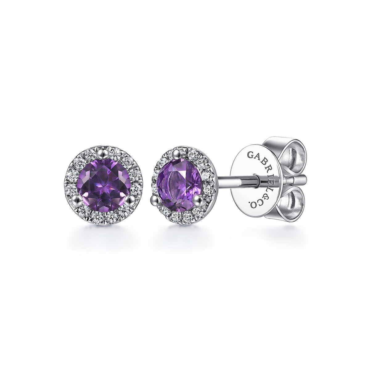 14K White Gold Amethyst and Diamond Halo Stud Earrings — Gabriel & Co. EG12372W45AM