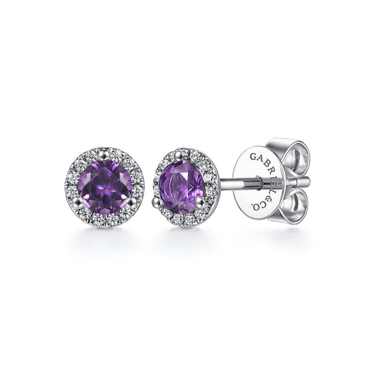 14K White Gold Amethyst and Diamond Halo Stud Earrings — Gabriel & Co. EG12372W45AM