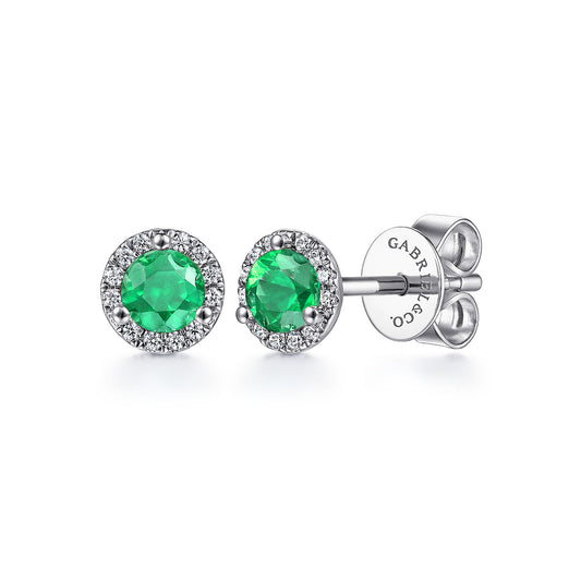 14K White Gold Diamond and Emerald Halo Stud Earrings — Gabriel & Co. EG12372W45EA