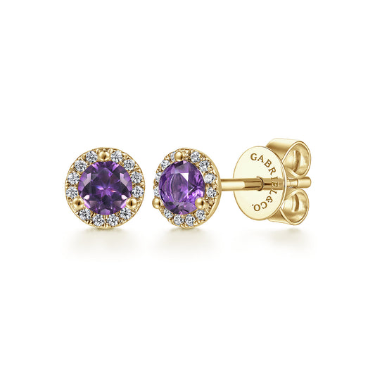 14K Yellow Gold Round Halo Amethyst and Diamond Stud Earrings — Gabriel & Co. EG12372Y45AM