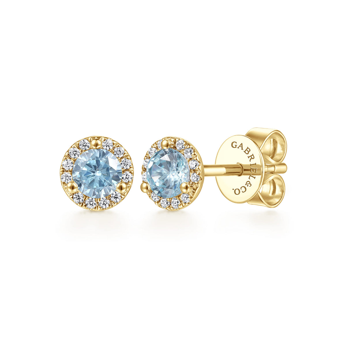 14K Yellow Gold Diamond and Aquamarine Halo Stud Earrings — Gabriel & Co. EG12372Y45AQ