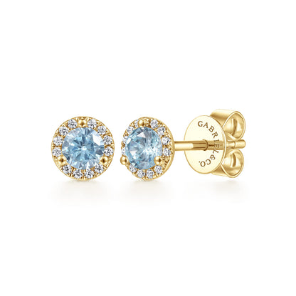 14K Yellow Gold Diamond and Aquamarine Halo Stud Earrings — Gabriel & Co. EG12372Y45AQ