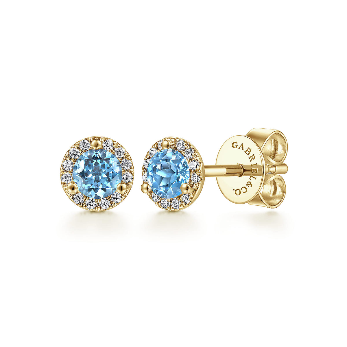 14K Yellow Gold Round Cut Diamond Halo & Swiss Blue Topaz Stud Earrings — Gabriel & Co. EG12372Y45BT