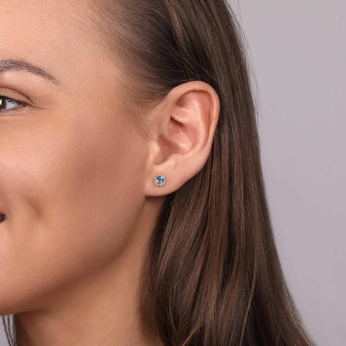 14K Yellow Gold Round Cut Diamond Halo & Swiss Blue Topaz Stud Earrings — Gabriel & Co. EG12372Y45BT