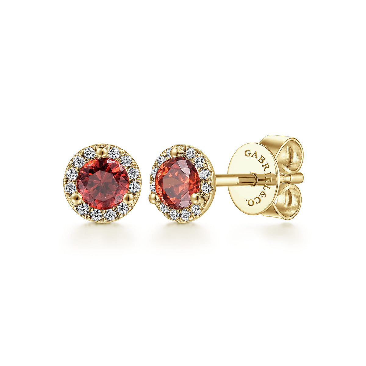 14K Yellow Gold Round Halo Garnet and Diamond Stud Earrings — Gabriel & Co. EG12372Y45GN