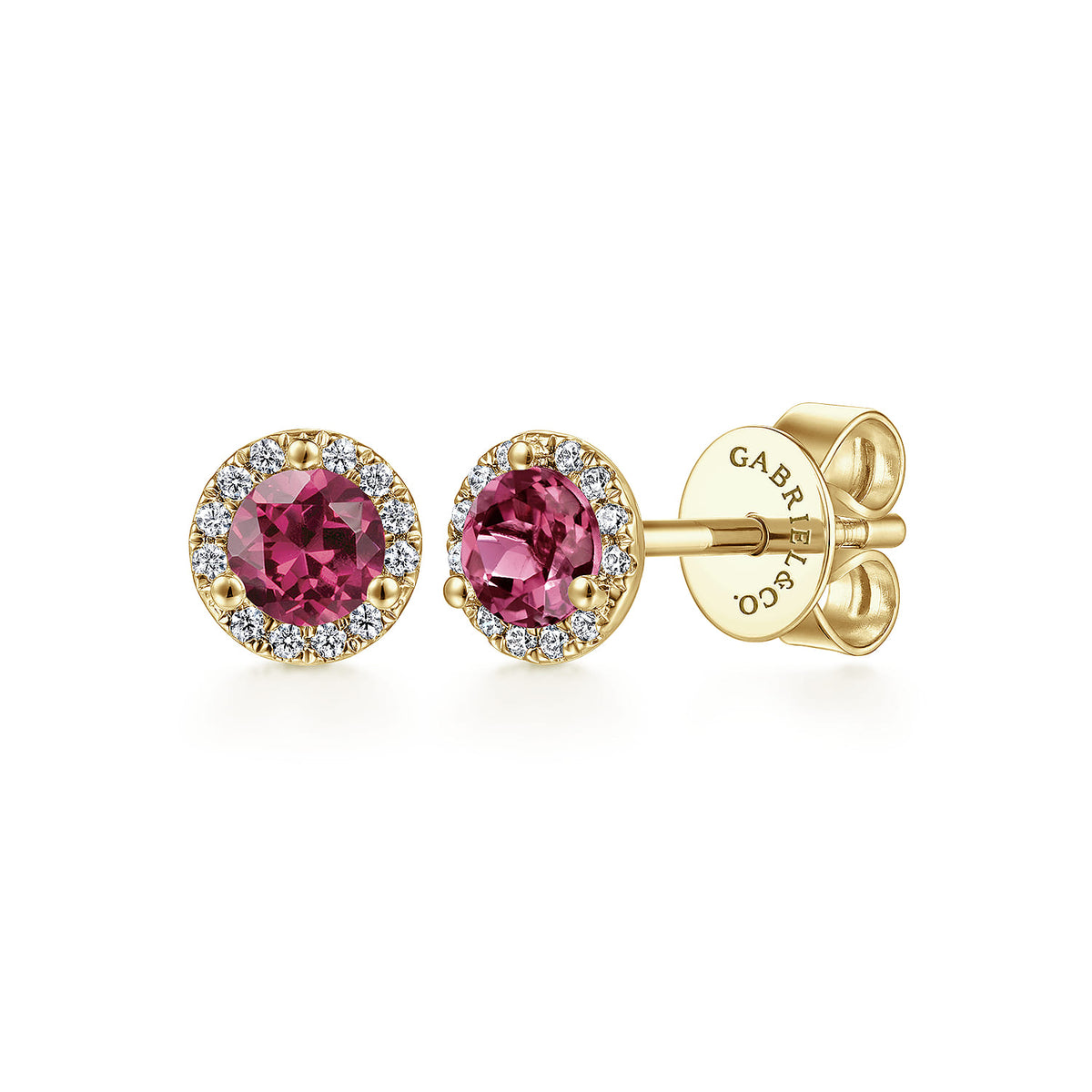 14K Yellow Gold Round Diamond Halo & Pink Tourline Stud Earrings — Gabriel & Co. EG12372Y45PT