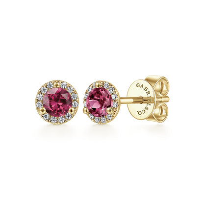 14K Yellow Gold Round Diamond Halo & Pink Tourline Stud Earrings — Gabriel & Co. EG12372Y45PT