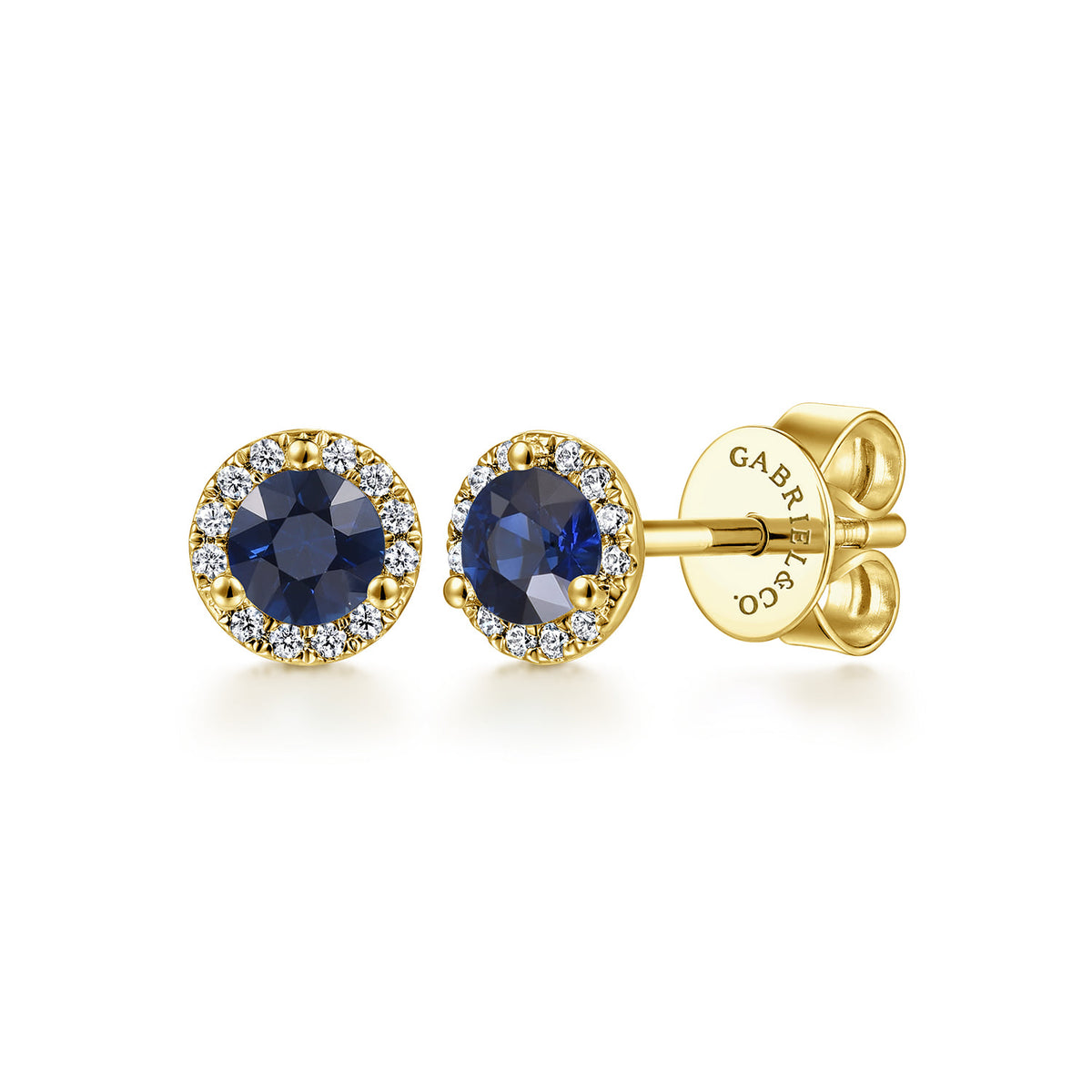 14K Yellow Gold Diamond and Sapphire Halo Stud Earrings — Gabriel & Co. EG12372Y45SA