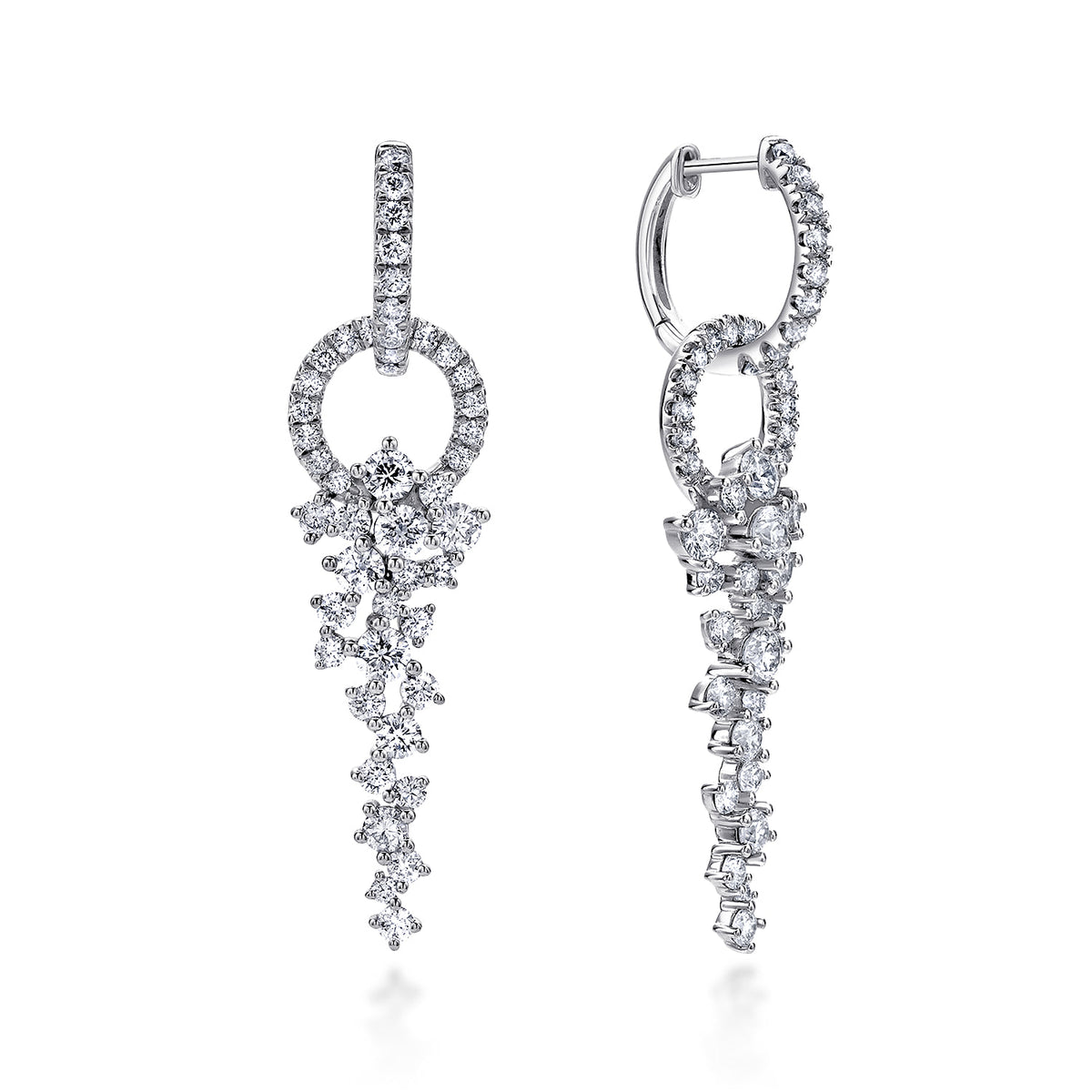 18K White Gold Diamond Huggies with Cascading Cluster Drops — Gabriel & Co. EG12679W84JJ