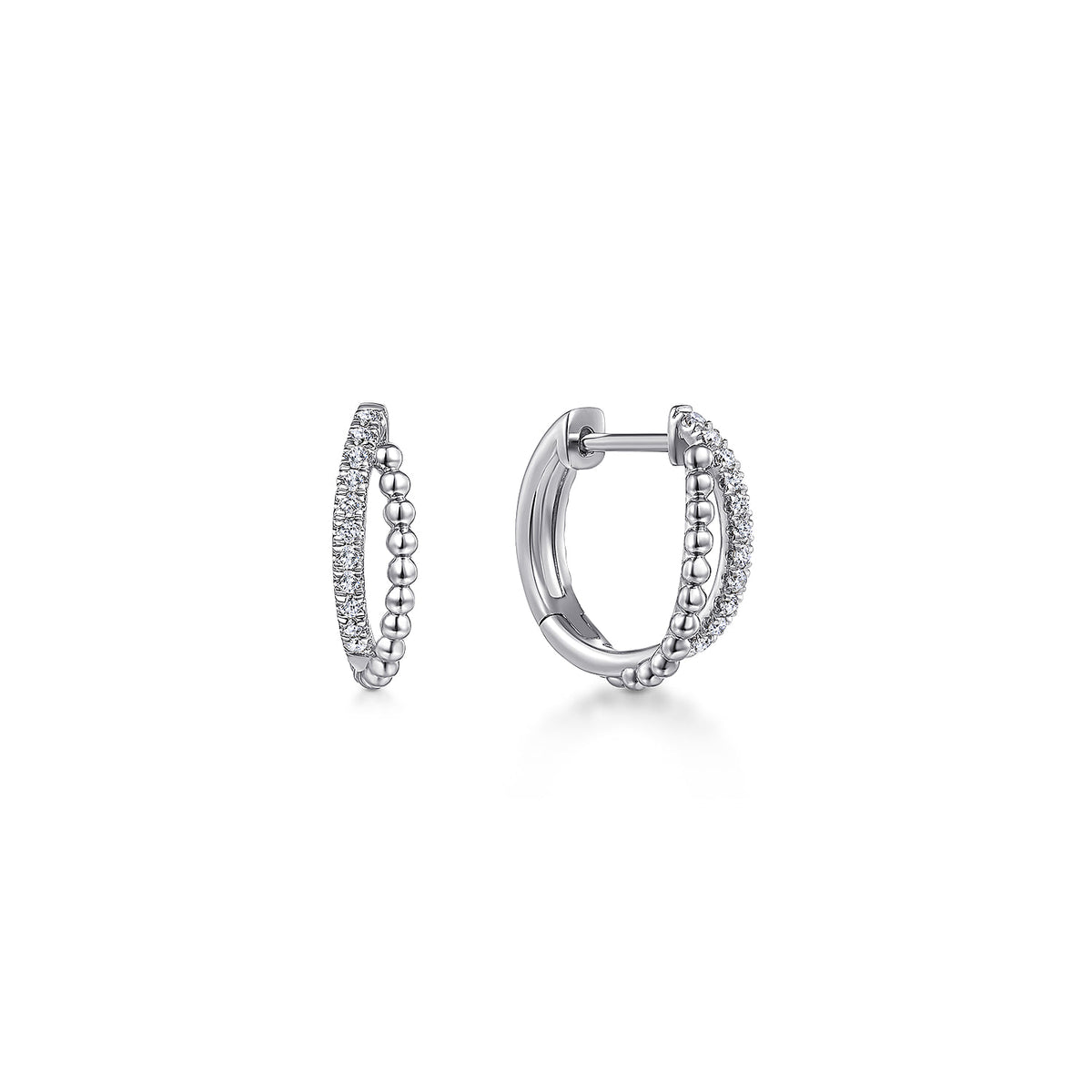 14K White Gold Beaded 15mm Diamond Huggies — Gabriel & Co. EG13583W45JJ