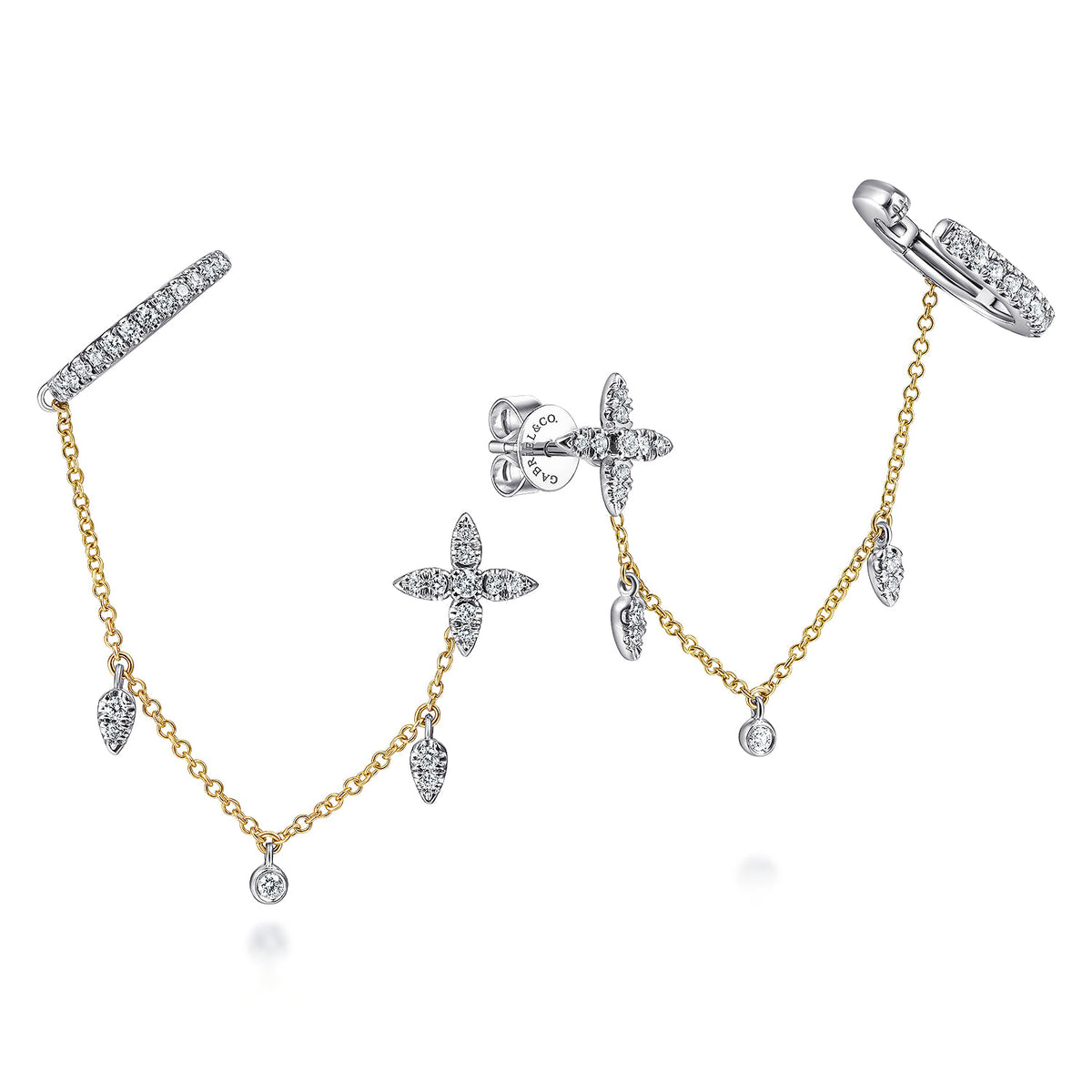 14K Yellow-White Gold Diamond Ear Cuffs and Quatrefoil Chain Earrings with Drops — Gabriel & Co. EG13814M45JJ