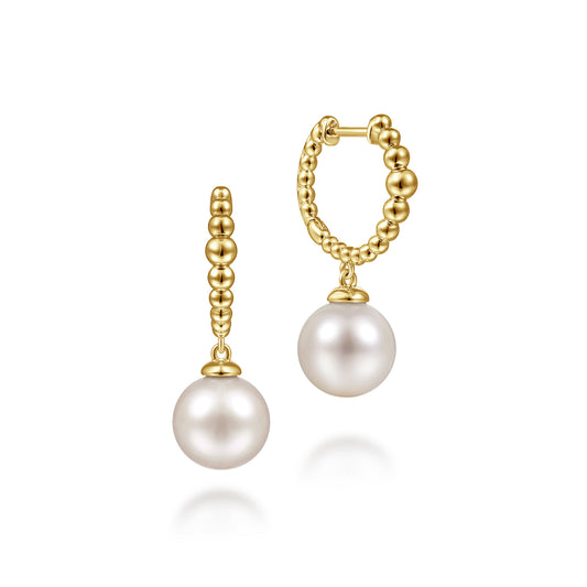 14K Yellow Gold Pearls Drop Huggie Earrings-Bujukan — Gabriel & Co. EG14162Y4JPL