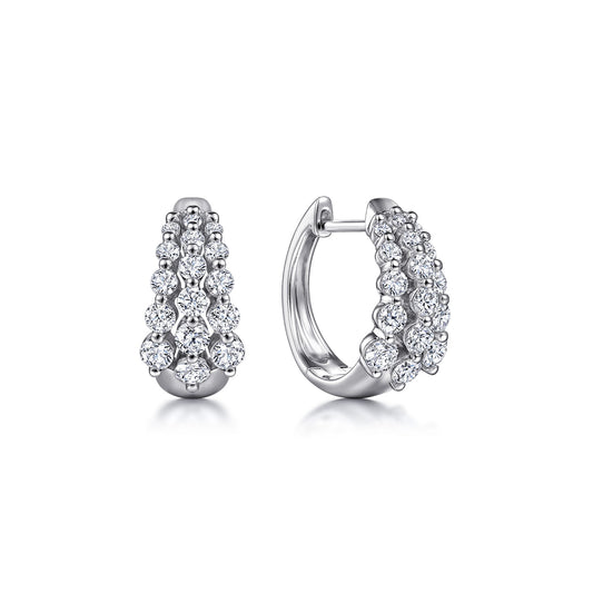 14K White Gold 15mm 3 Row Single Prong Set Graduating Diamond Huggie Earrings — Gabriel & Co. EG14254W45JJ