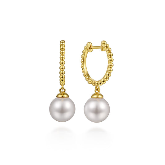 Beaded Huggie Drop Earrings 14K Yellow Gold Pearl 15mm — Gabriel & Co. EG14495Y4JPL