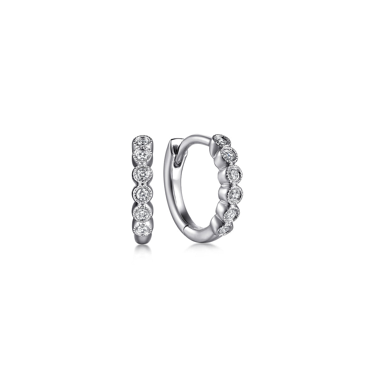 14K White Gold Diamond Huggie In 12mm with Bezel Set and Milgrain — Gabriel & Co. EG14885W45JJ