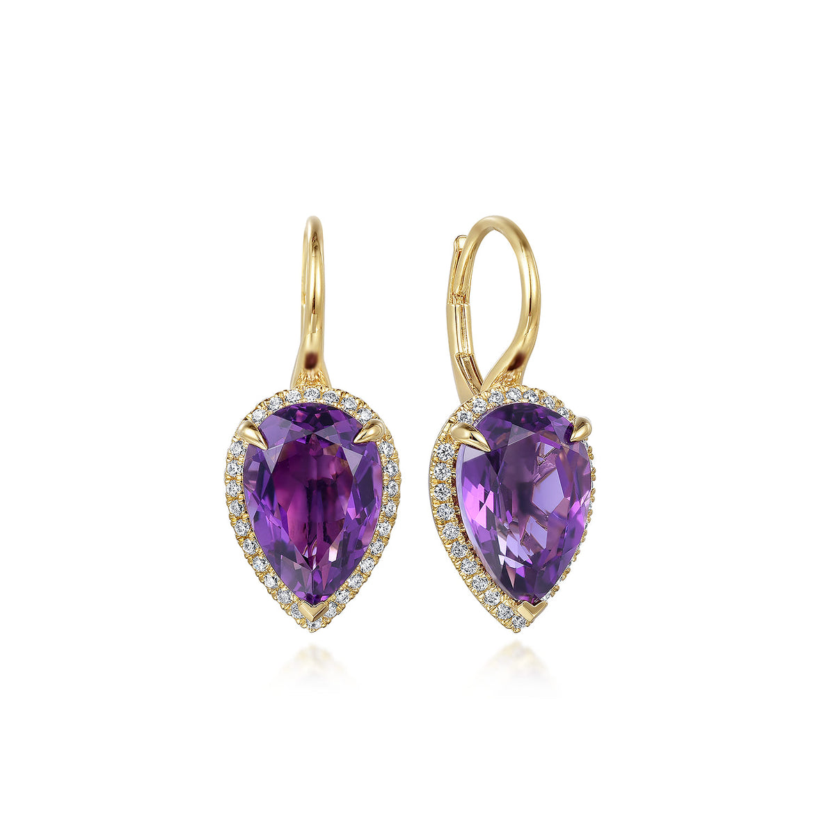 14K Yellow Gold Diamond and Flat Pear Shape Amethyst Earrings with Flower Pattern J-Back — Gabriel & Co. EG14981Y45AM