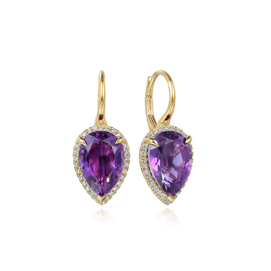 14K Yellow Gold Diamond and Flat Pear Shape Amethyst Earrings with Flower Pattern J-Back — Gabriel & Co. EG14981Y45AM
