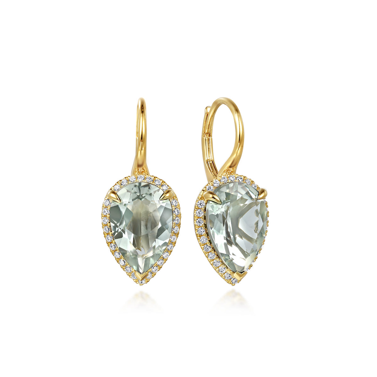 14K Yellow Gold Diamond and Flat Pear Green Amethyst Earrings with Flower Pattern J-Back — Gabriel & Co. EG14981Y45GA