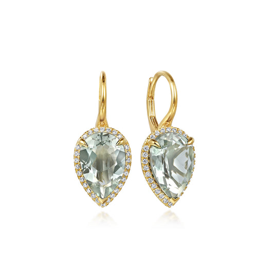 14K Yellow Gold Diamond and Flat Pear Green Amethyst Earrings with Flower Pattern J-Back — Gabriel & Co. EG14981Y45GA