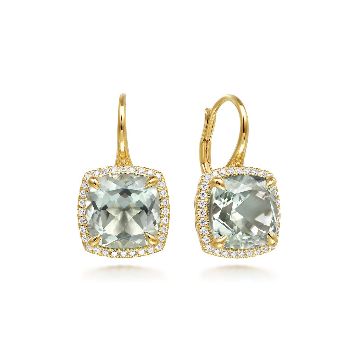 14K Yellow Gold Diamond and Green Amethyst Cushion Cut Earrings with Flower Pattern J-Back — Gabriel & Co. EG14984Y45GA