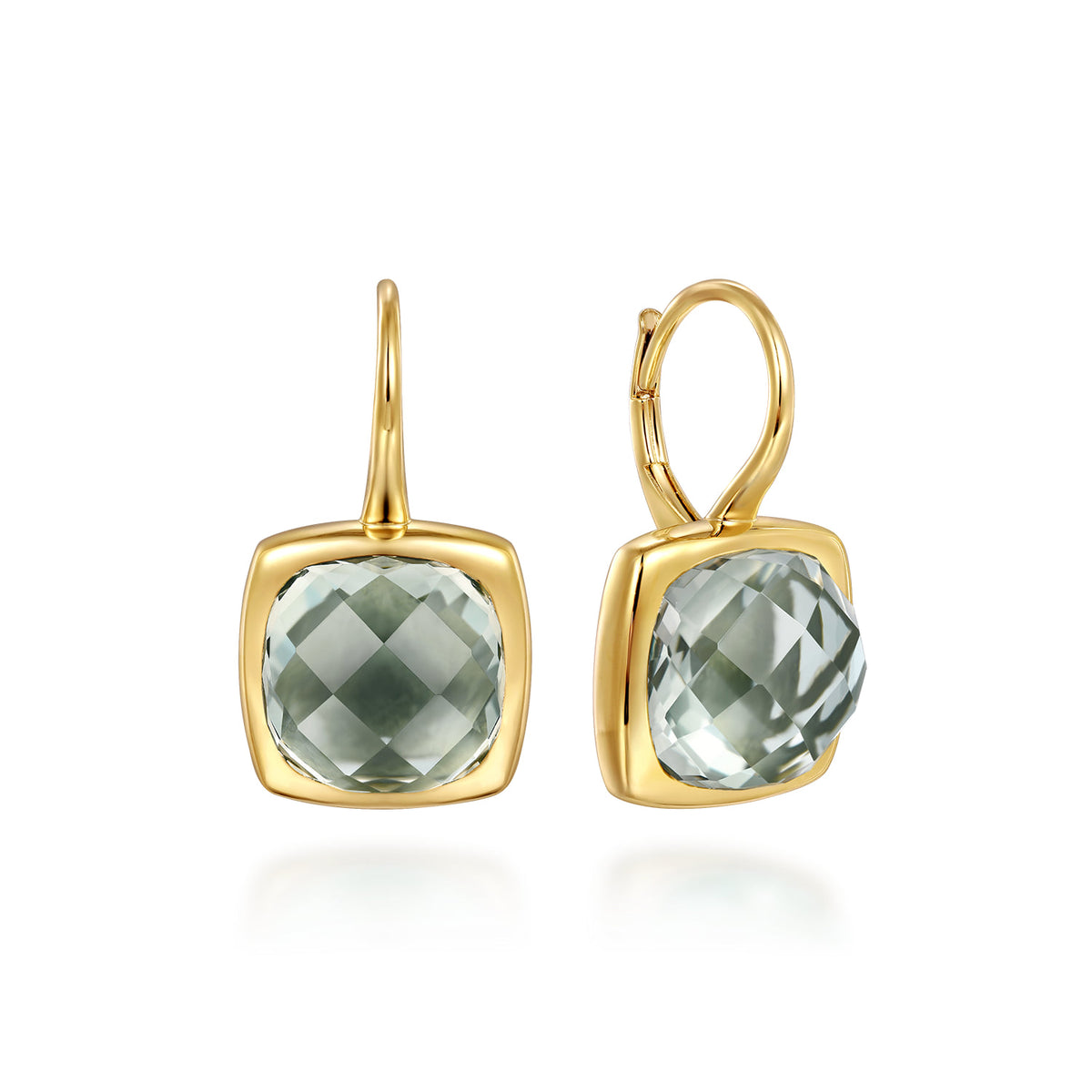 14K Yellow Gold Cushion Cut Green Amethyst Earrings with Flower Pattern J-Back — Gabriel & Co. EG14987Y4JGA