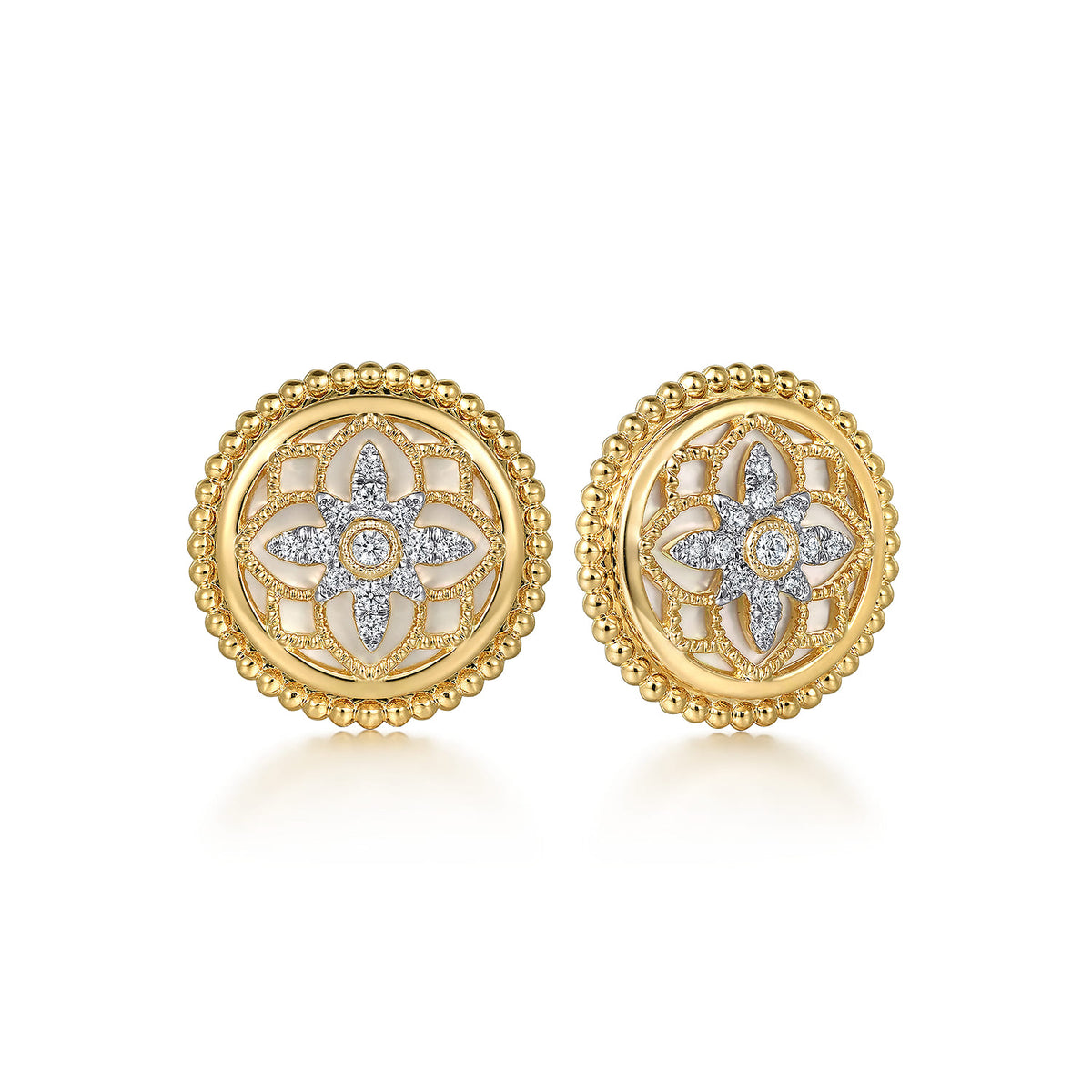 Stud Earrings 14K Yellow Gold Diamond and White Mother of Pearl 0.13ct Bujukan — Gabriel & Co. EG15127Y45WM