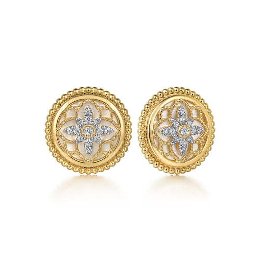 Stud Earrings 14K Yellow Gold Diamond and White Mother of Pearl 0.13ct Bujukan — Gabriel & Co. EG15127Y45WM