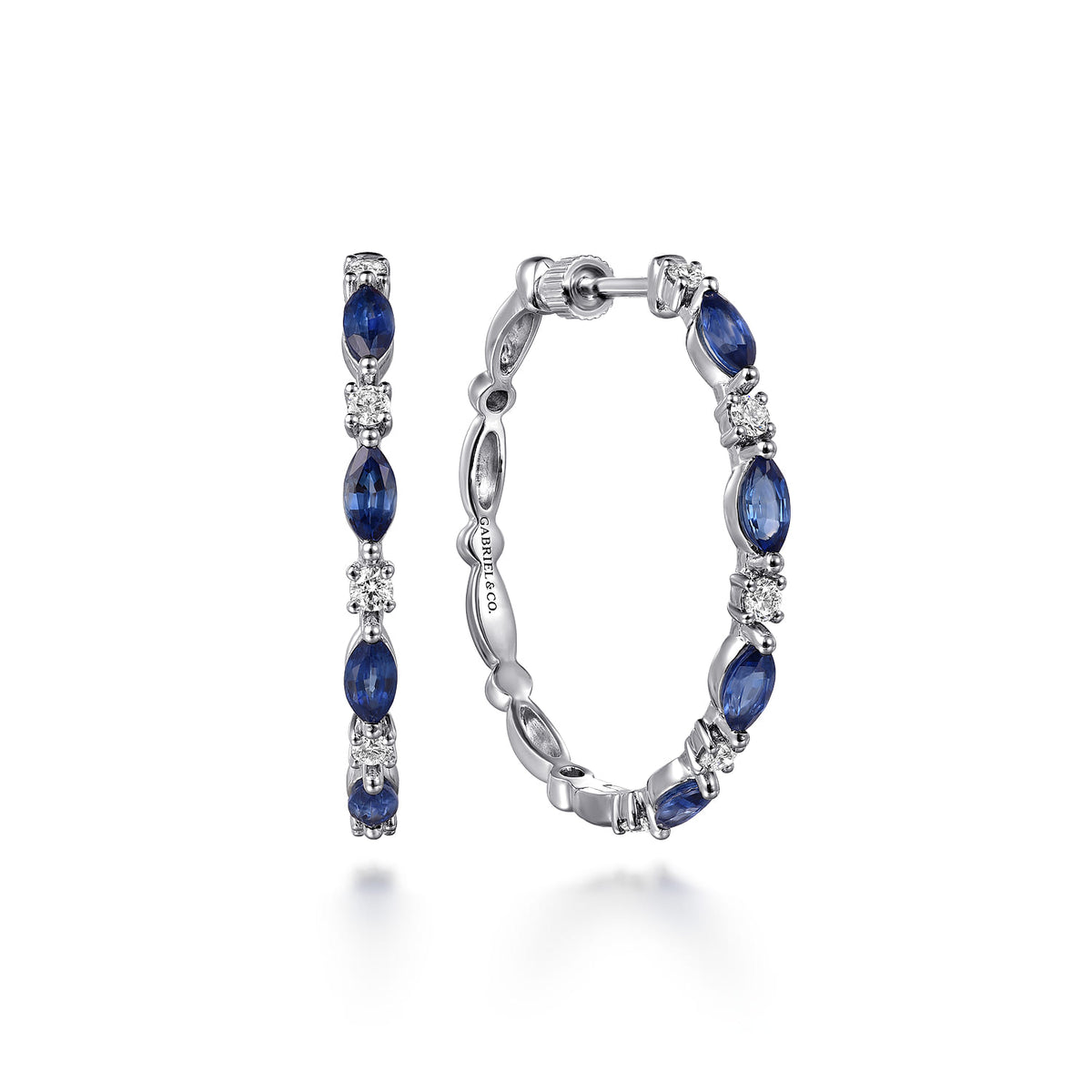 14K White Gold Diamonds and Marquise Blue Sapphire Classic Hoop Earrings — Gabriel & Co. EG15129W45SA