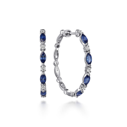 14K White Gold Diamonds and Marquise Blue Sapphire Classic Hoop Earrings — Gabriel & Co. EG15129W45SA
