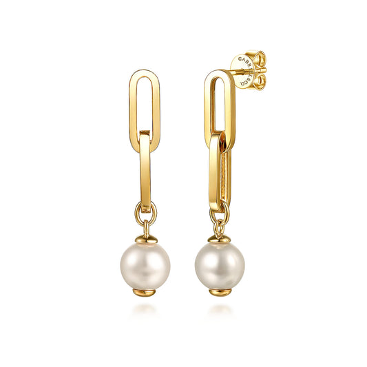 14K Yellow Gold Pearl Stud Drop Link Earrings — Gabriel & Co. EG15190Y4JPL