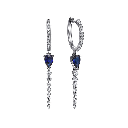 14K White Gold Graduating Diamonds and Blue Sapphire Huggie Drop Earrings — Gabriel & Co. EG15241W45SA