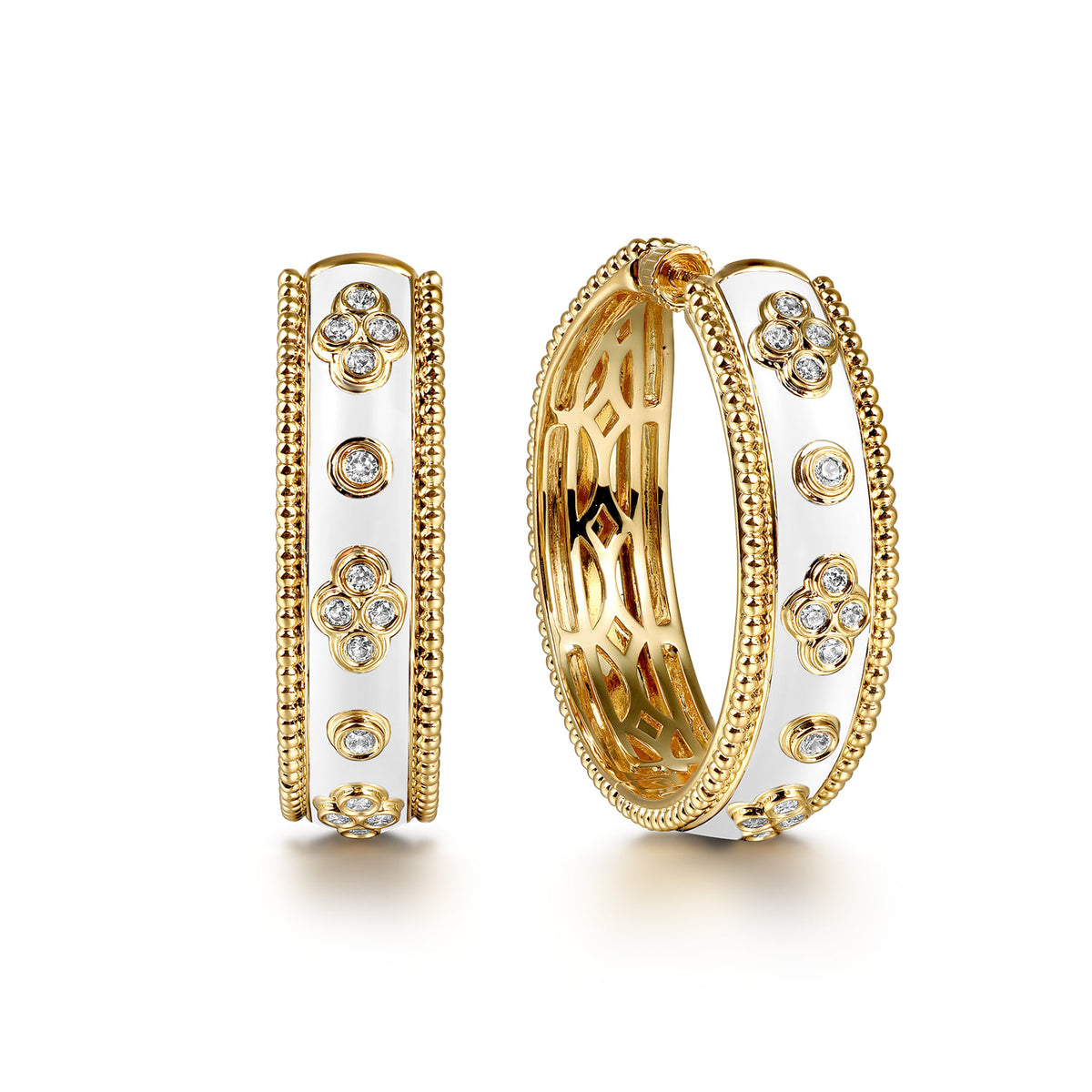14K Yellow Gold Bujukan Diamond Classic Hoop Earrings with White Enamel — Gabriel & Co. EG15319E9Y45JJ