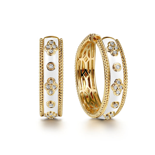 14K Yellow Gold Bujukan Diamond Classic Hoop Earrings with White Enamel — Gabriel & Co. EG15319E9Y45JJ